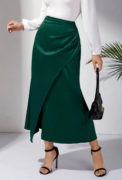 High Waisted Satin Pile Pleated Slit Long Skirt Solid Color Skirt Zipper Fishtail Hip Skirt