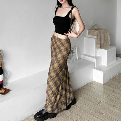 Women’s Solid Color Slim Hip Street Fashion High Waisted Checked Skirt