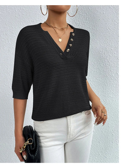 Short Sleeve V Neck Knitted Sweater