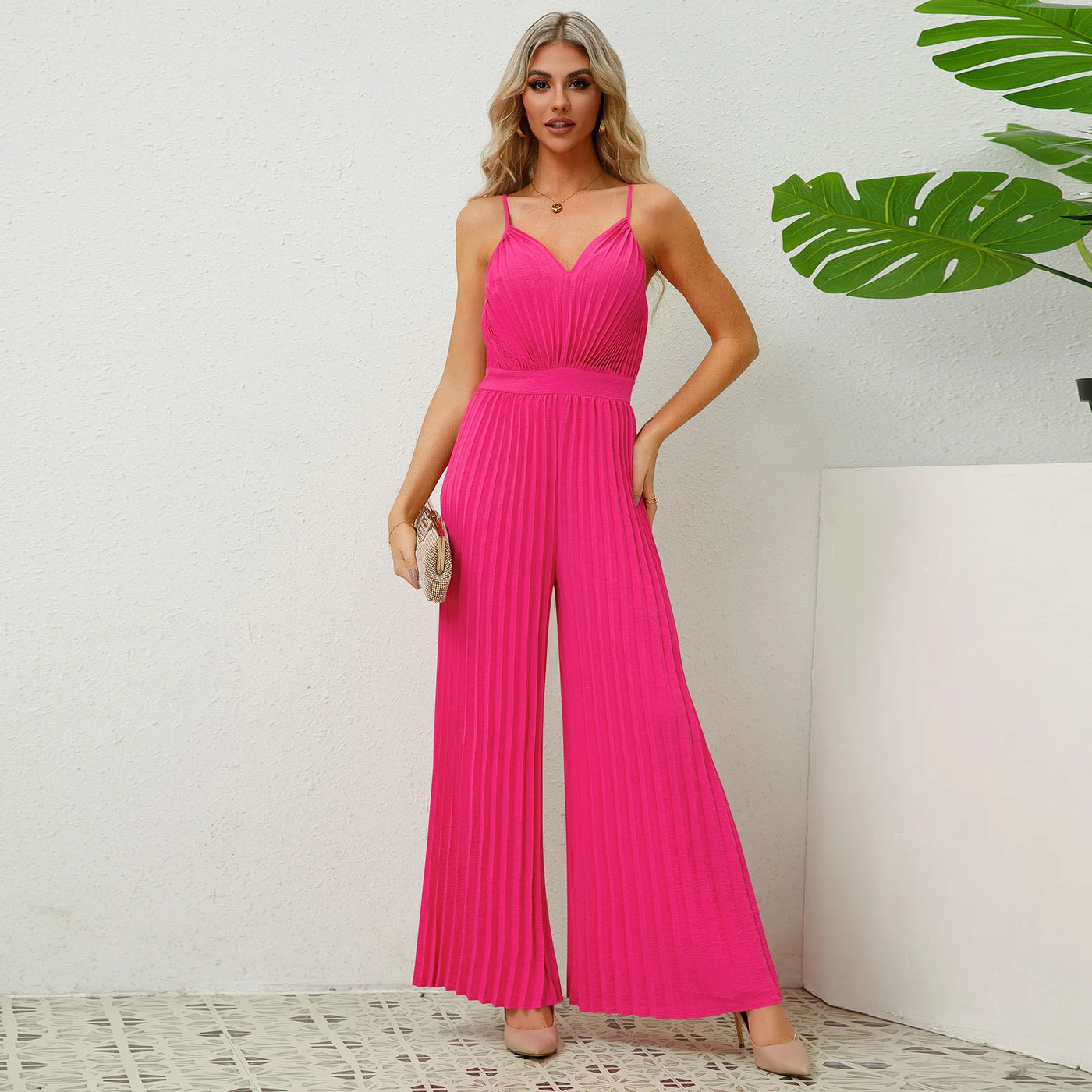V Neck Sling Pleated One Piece Pants