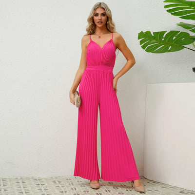V Neck Sling Pleated One Piece Pants
