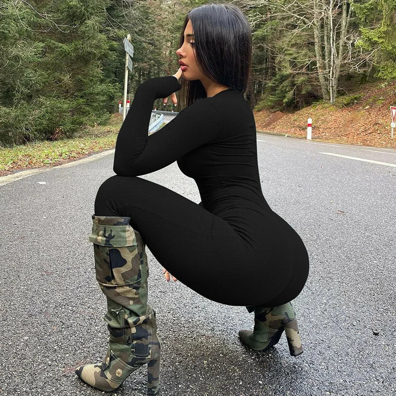 Solid Color Slim Fit Sports Long Sleeve Jumpsuit
