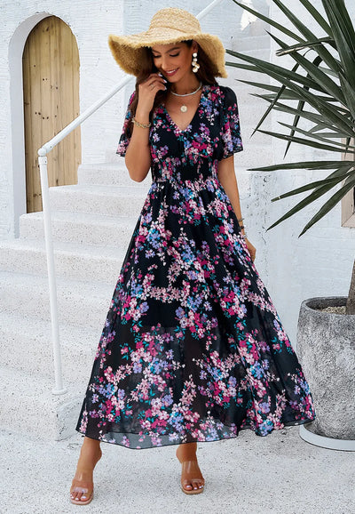 Print Cinched Waist Short Sleeved Dress