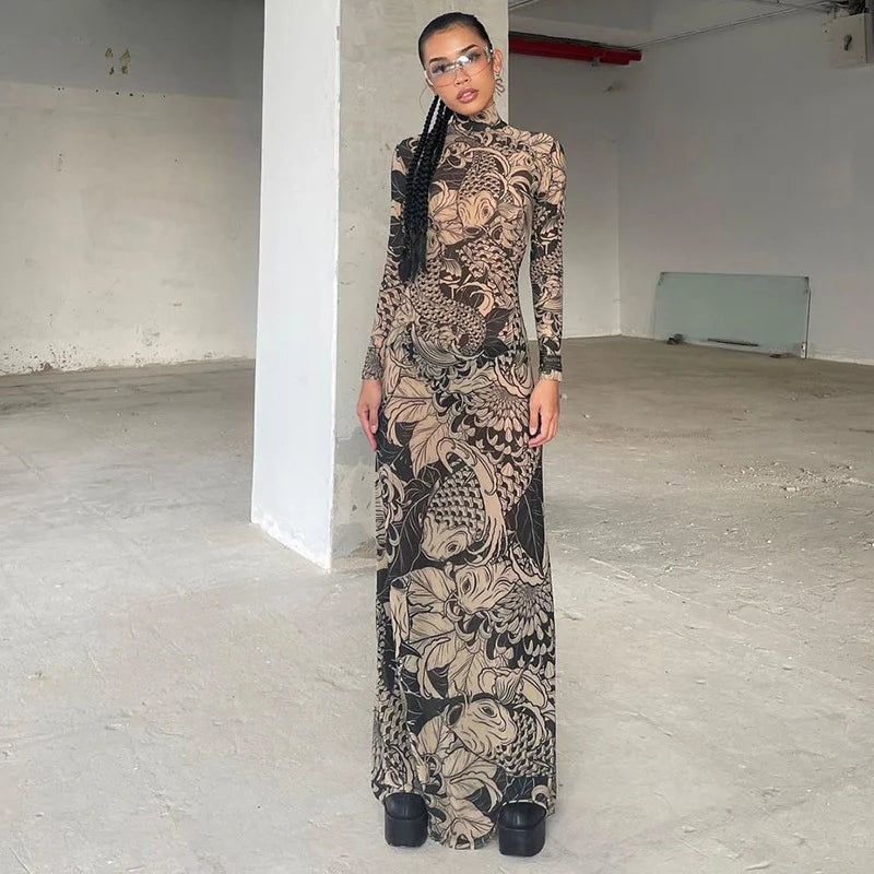 New Fashion Statement Mesh Print Sheer High Neck Slim Dress