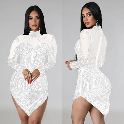 Mesh Hot Diamond Long Sleeved Short Dress