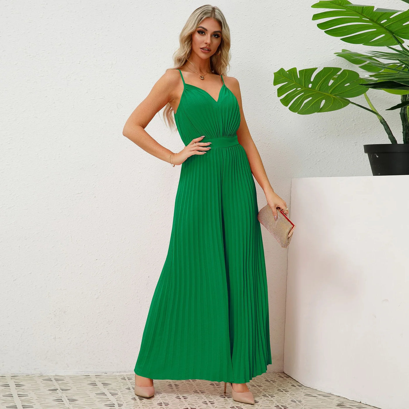 V Neck Sling Pleated One Piece Pants