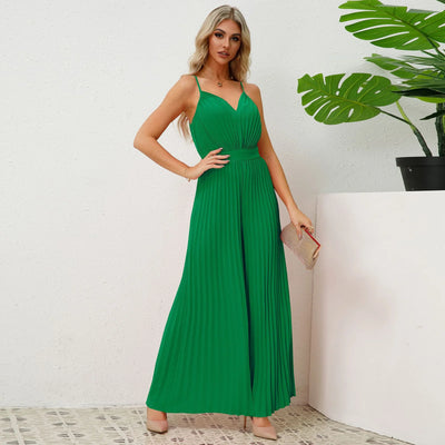 V Neck Sling Pleated One Piece Pants