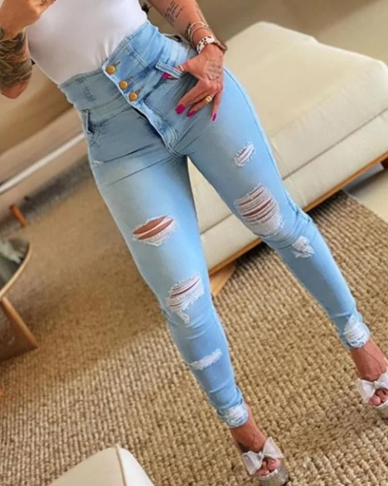 High Waisted Distressed Skinny Jeans