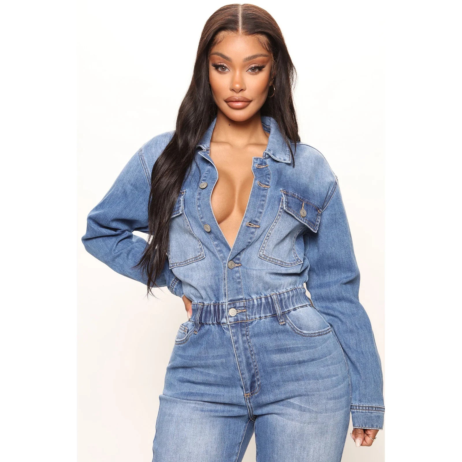 Slim Fit Stretch Small Foot Mouth Wash Denim Jumpsuit