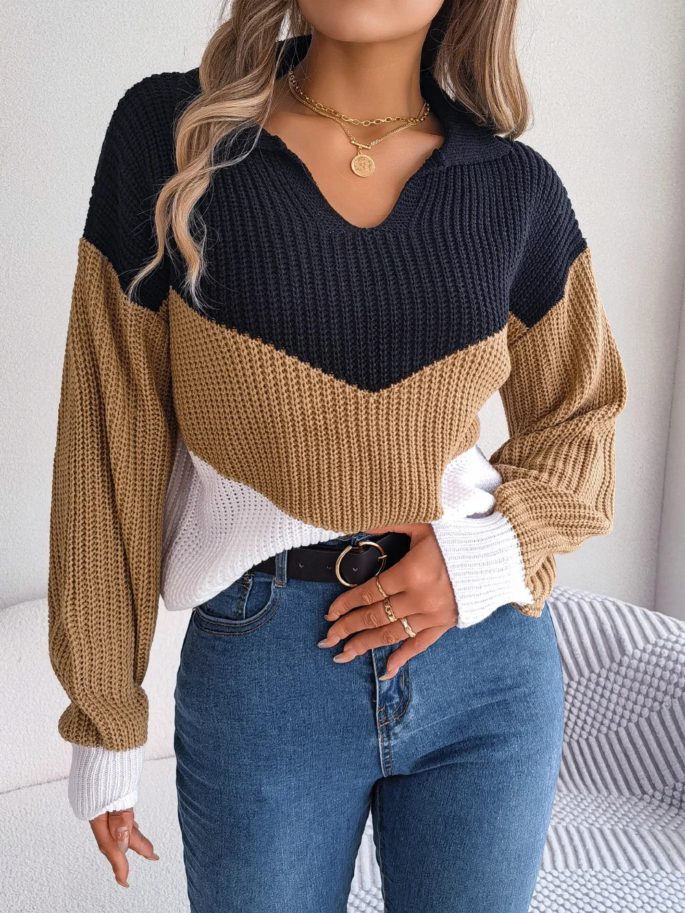 Casual Lapel Contrast Long Sleeved Knitted Pullover Sweater