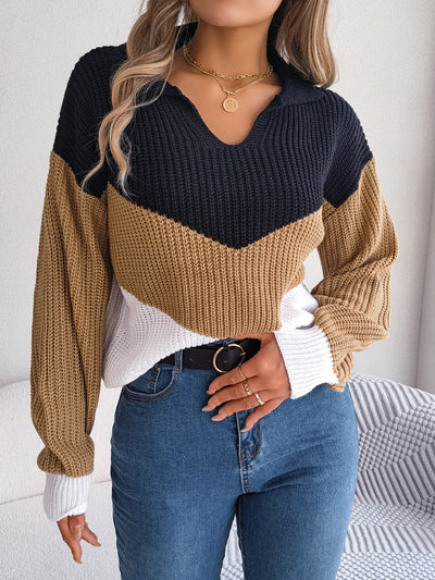 Casual Lapel Contrast Long Sleeved Knitted Pullover Sweater