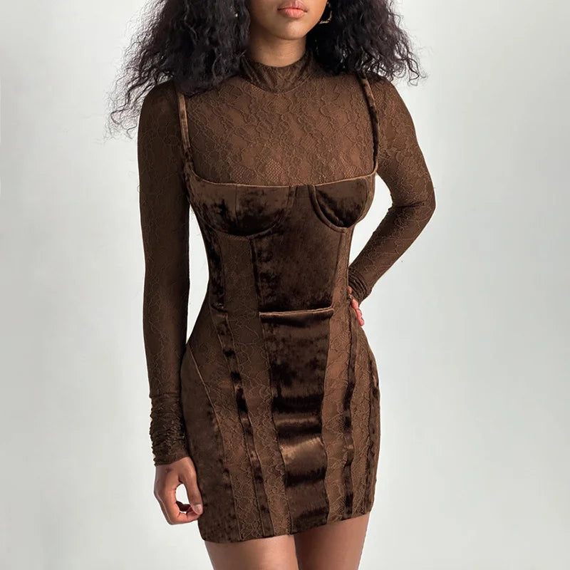 Stitched Round Neck Long Sleeve Sexy Lace Slim Dress