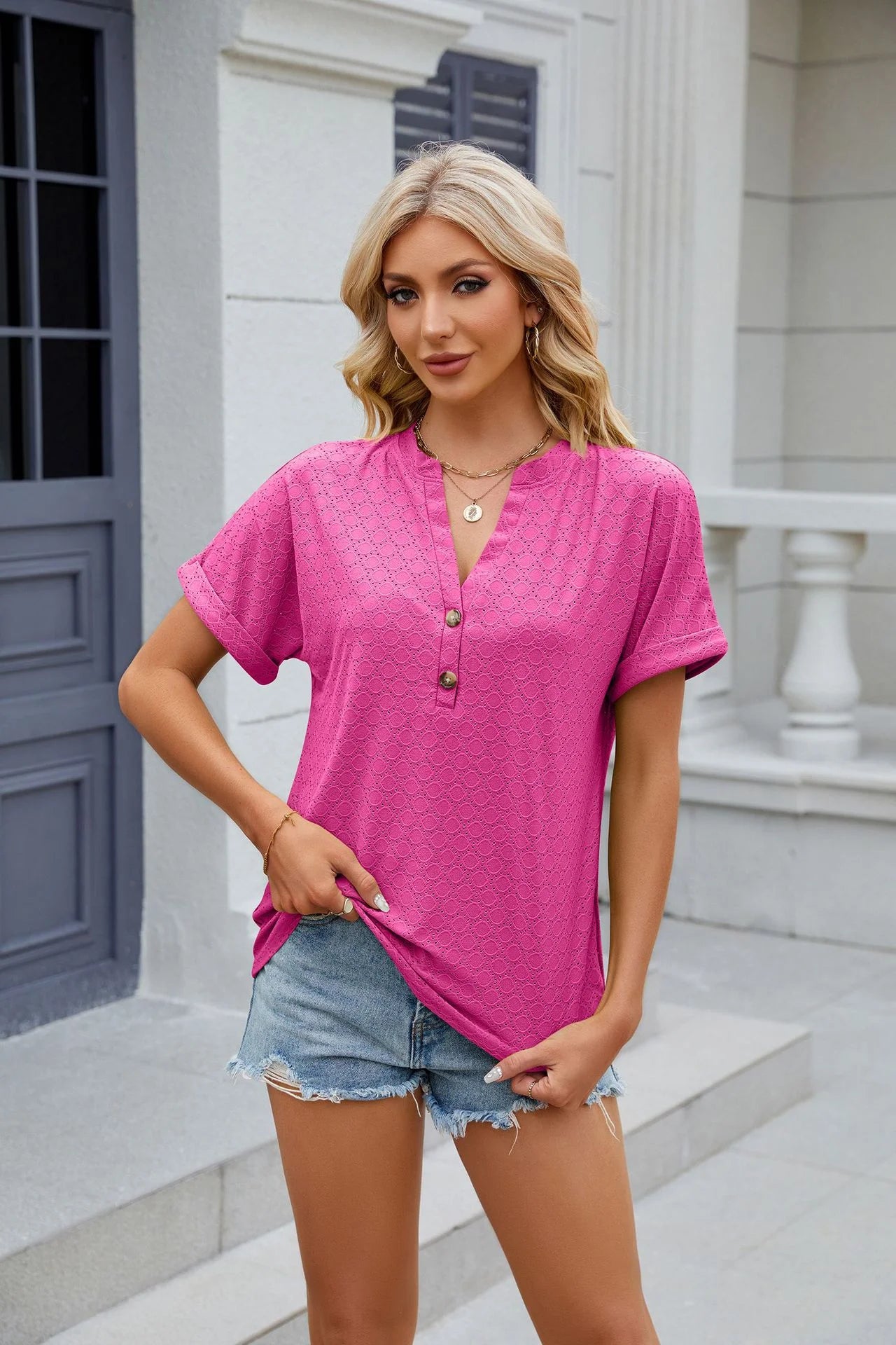 Loose Short Sleeve Button V Neck Blouse