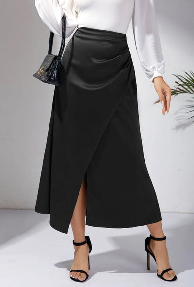 High Waisted Satin Pile Pleated Slit Long Skirt Solid Color Skirt Zipper Fishtail Hip Skirt