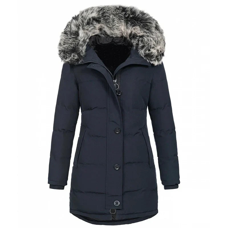 Women’s Hooded Warm Slim Cotton Jacket Mid Length Solid Color Coat