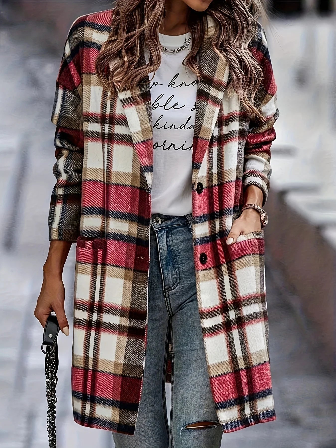 Suede Coat Sanded Plaid Mid Length Coat With Pocket