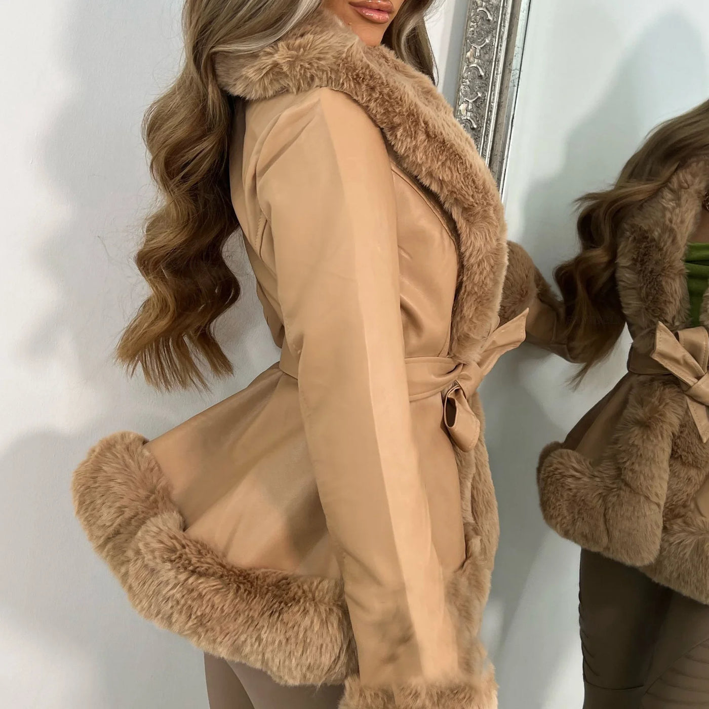 PU Fur Big Collar Tie Waist Leather Jacket