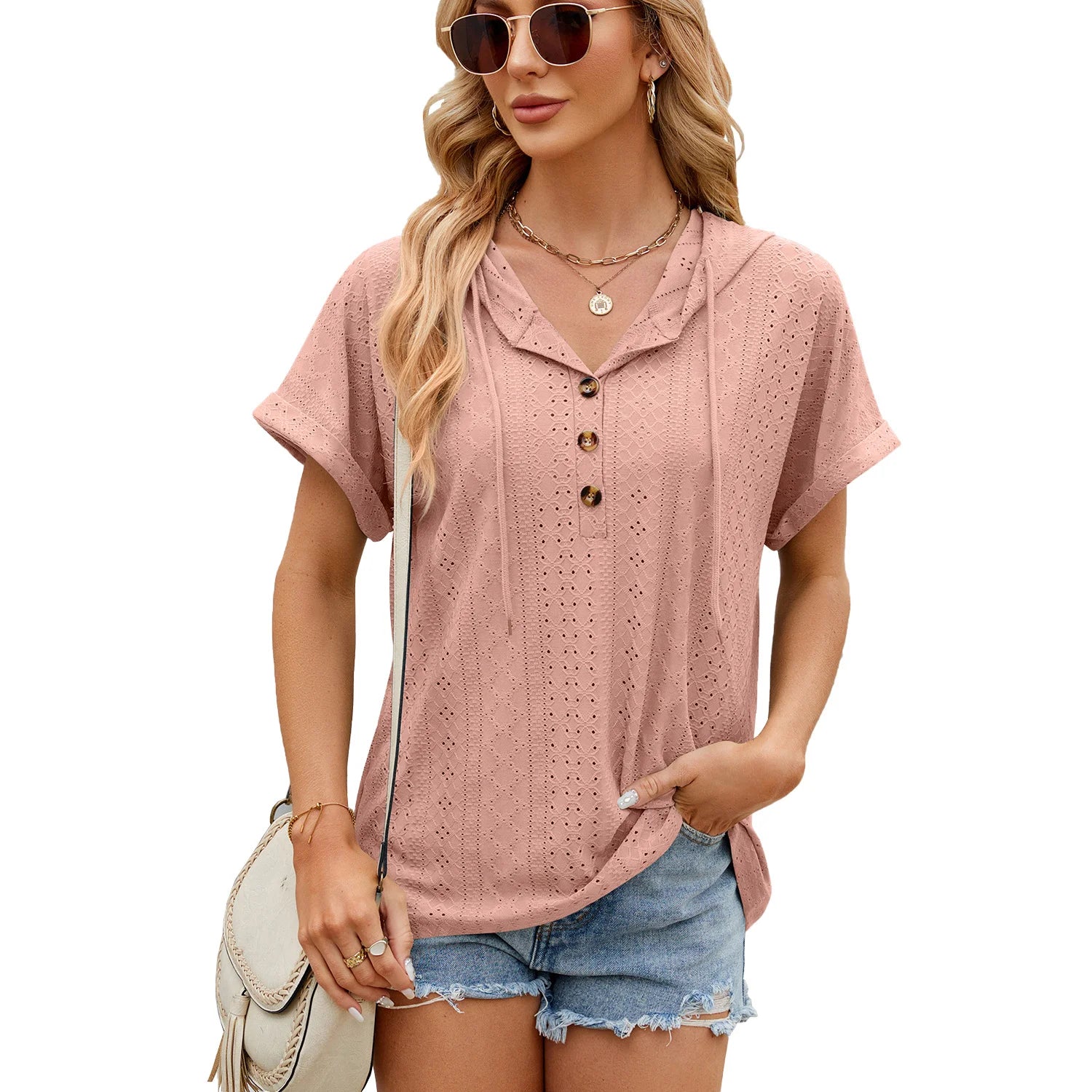 Loose Short Sleeve Button Down Blouse