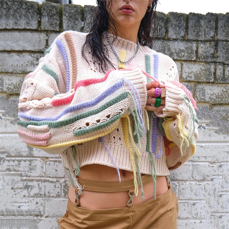 Knitwear Color Blocked Tassels Versatile Casual Sweater