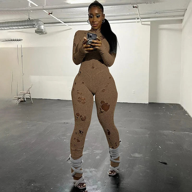 Fashion Casual Knitting Hole Hollowed Out High Waisted Pants Tights