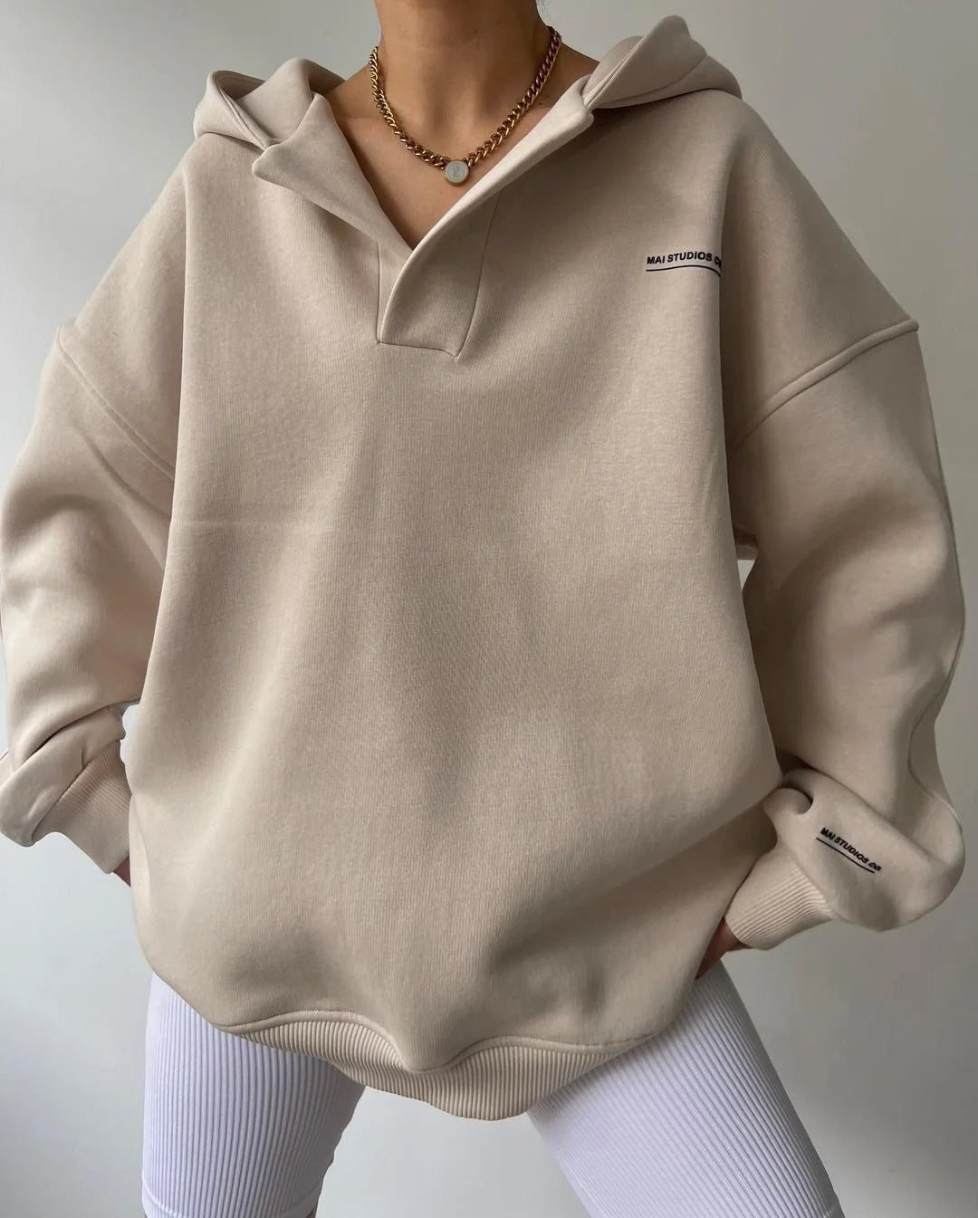 Solid Color Hoddie With V Neck