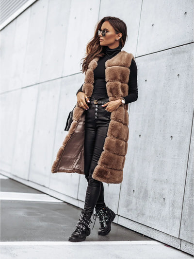 Women’s Winter Round Neck Fur Vest Long Vest Jacket