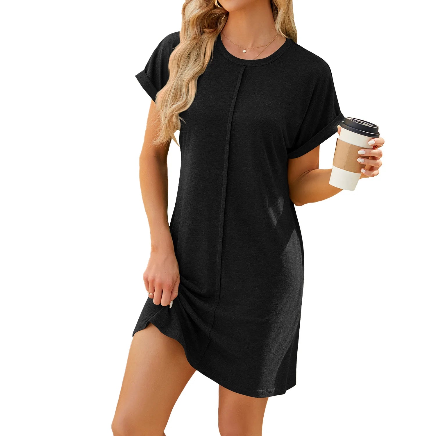 Round Neck Pure Color Short Sleeve Loose Dress