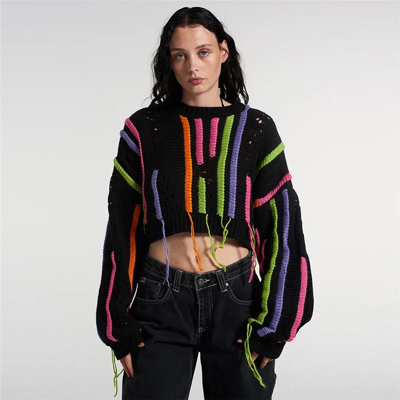 Knitwear Color Blocked Tassels Versatile Casual Sweater