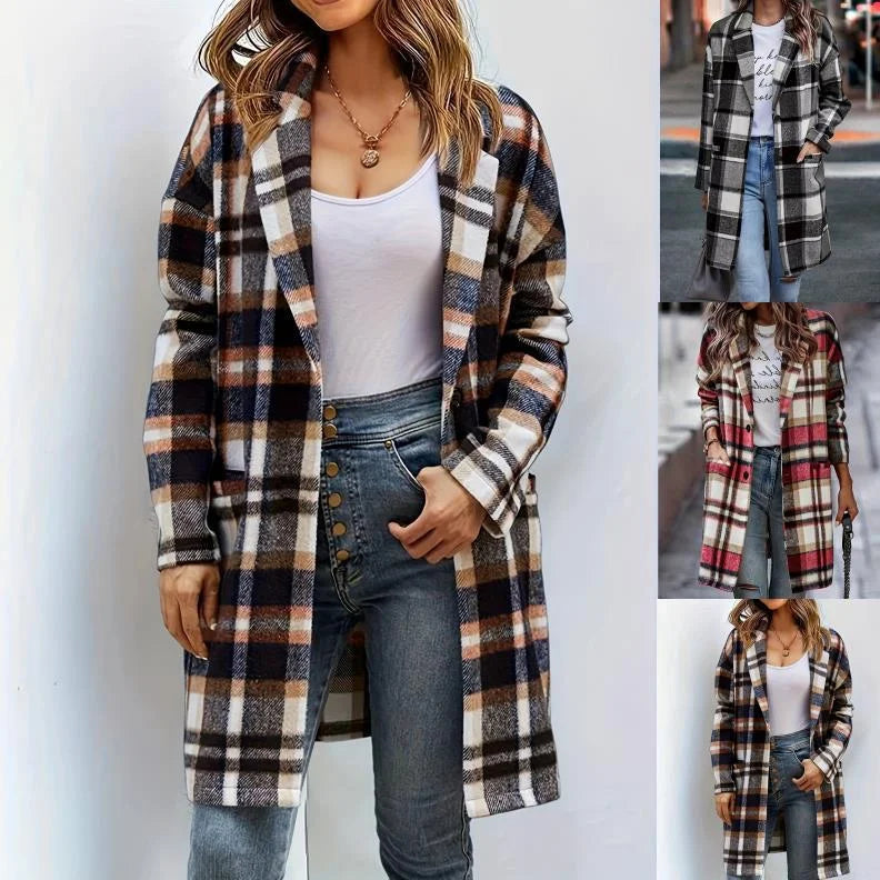 Suede Coat Sanded Plaid Mid Length Coat With Pocket