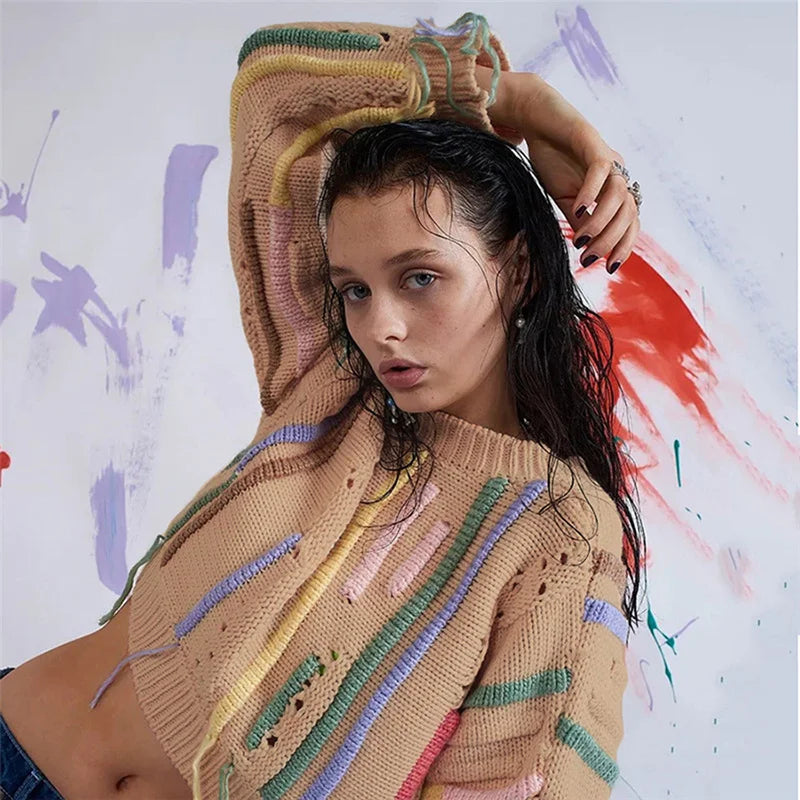 Knitwear Color Blocked Tassels Versatile Casual Sweater
