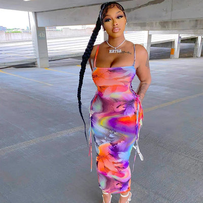 Street Hipster Straight Neck Dress With Printed Bow