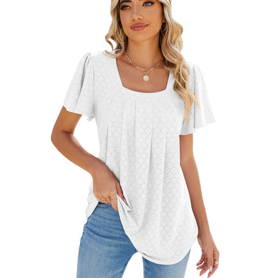 Pure Color Square Collar Wrinkled Short Sleeved Loose T-Shirt Blouse