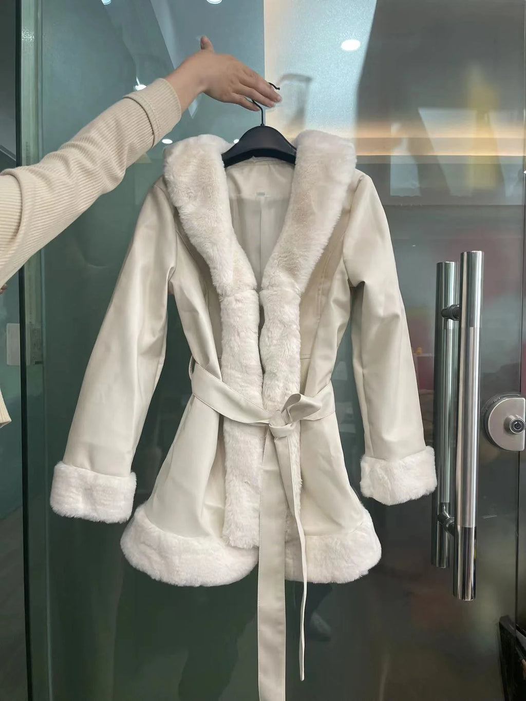 PU Fur Big Collar Tie Waist Leather Jacket