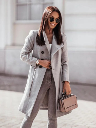 Tweed Coat Solid Color Lace Up Midi Woolen Trench Coat