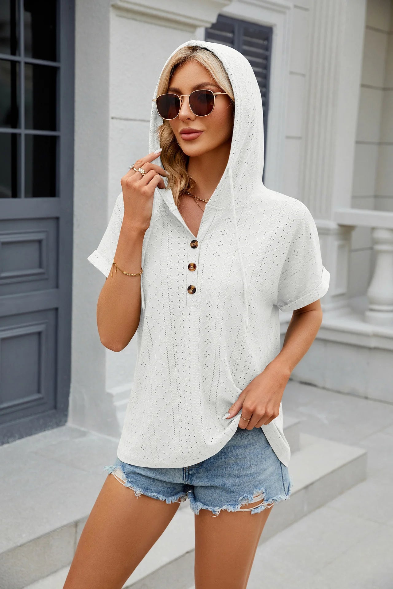 Loose Short Sleeve Button Down Blouse