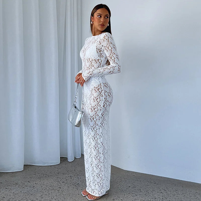 Black And White Lace Dress With Long Skirt