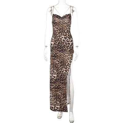 Fashion Print Slim Backless Chain Suspender Midi Skirt Women