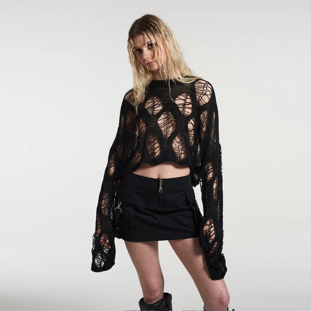 Open Navel Loose Knitted Sweater Hollow Out Top