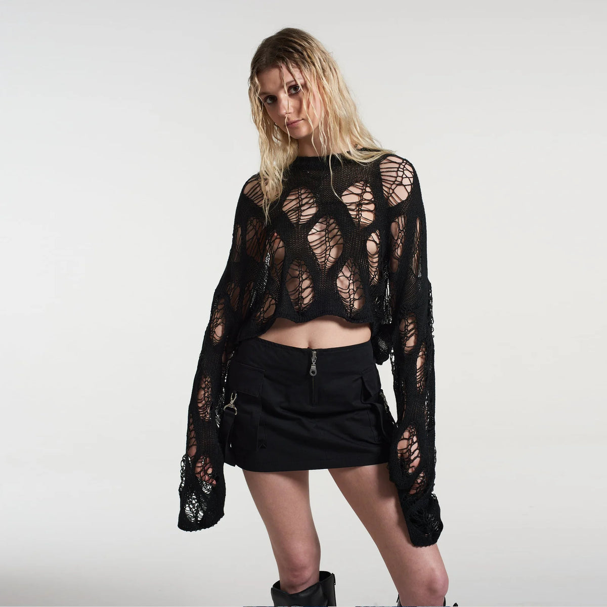 Open Navel Loose Knitted Sweater Hollow Out Top