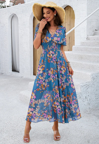 Print Cinched Waist Short Sleeved Dress