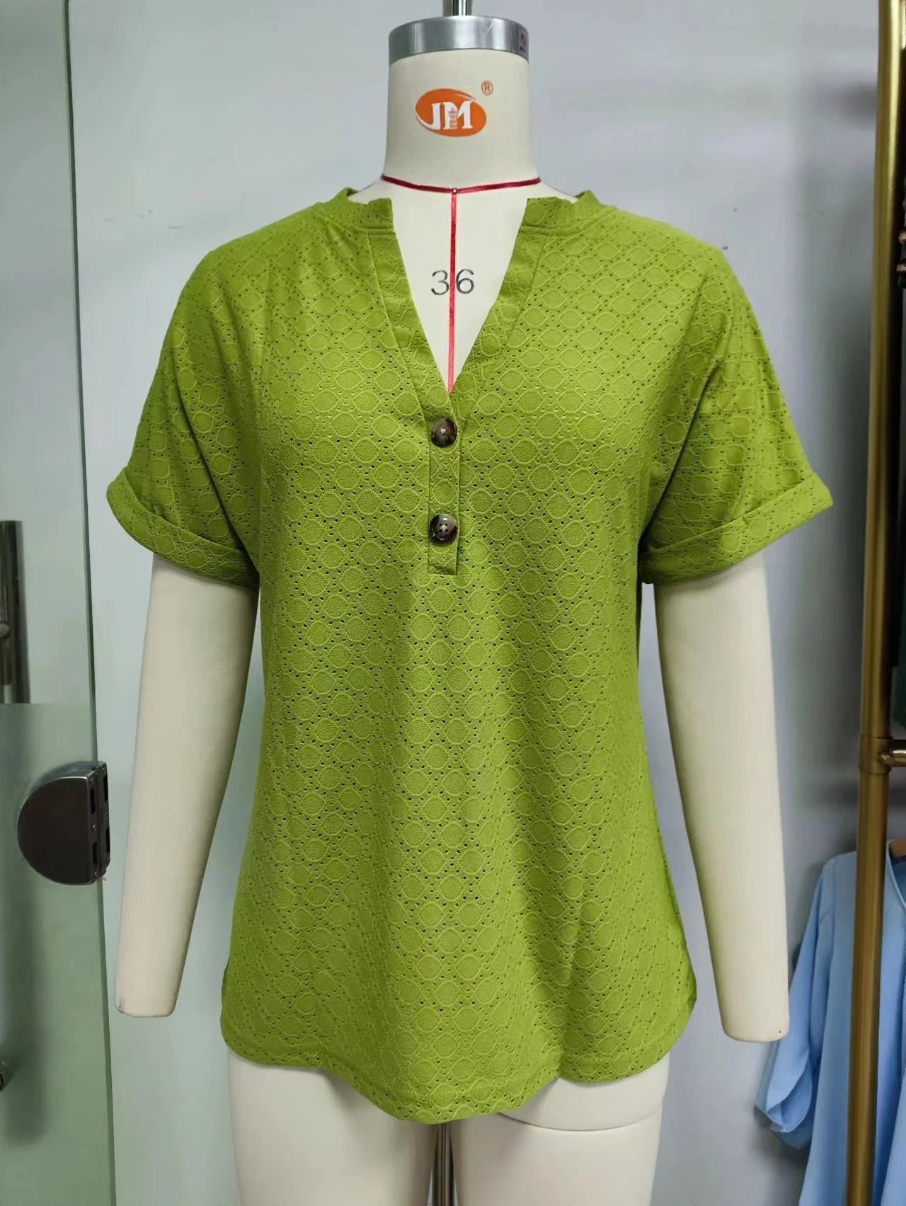 Loose Short Sleeve Button V Neck Blouse