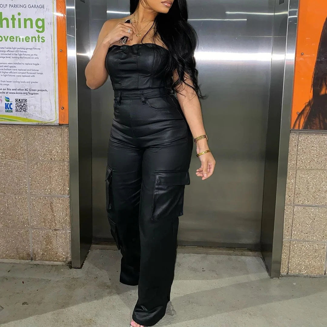 Sexy Off The Shoulder Bandeau Skinny Waist PU Leather Jumpsuit
