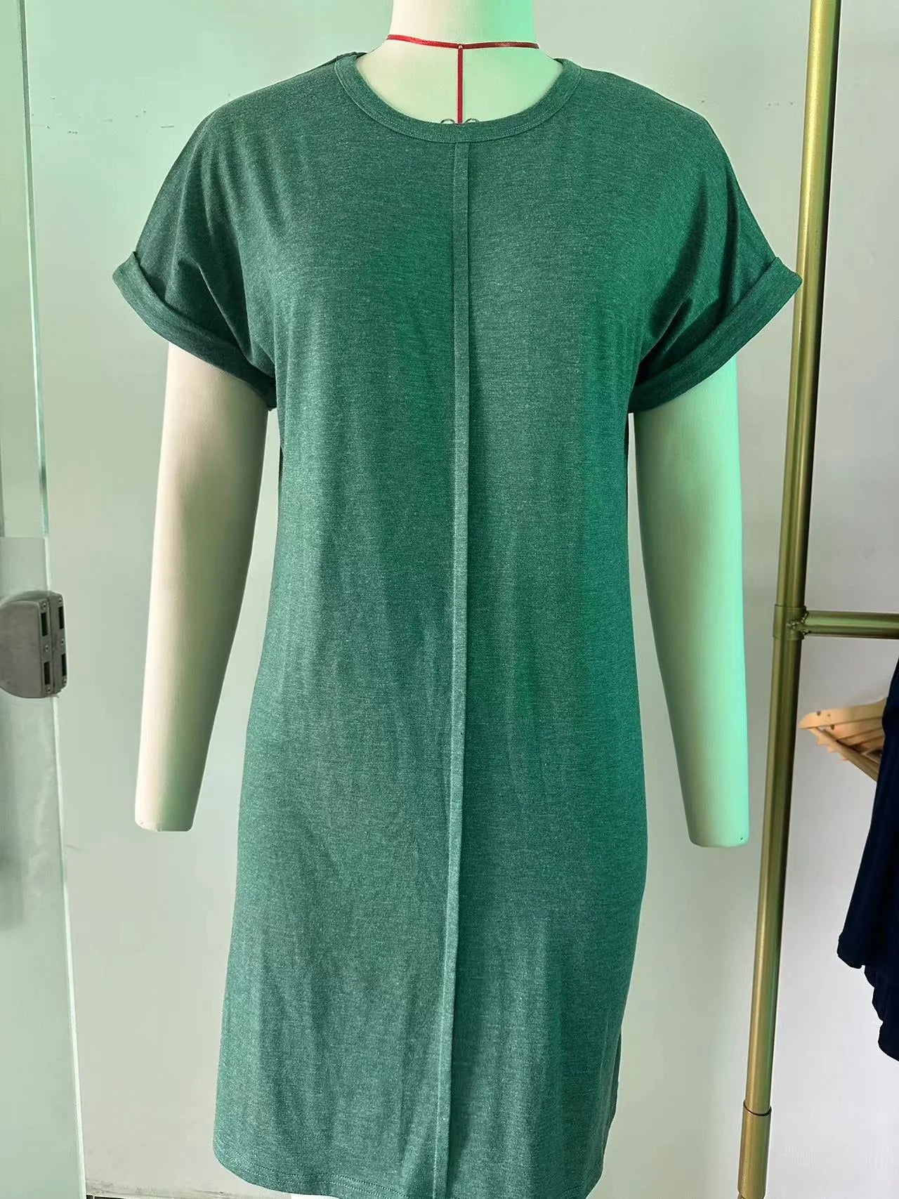 Round Neck Pure Color Short Sleeve Loose Dress