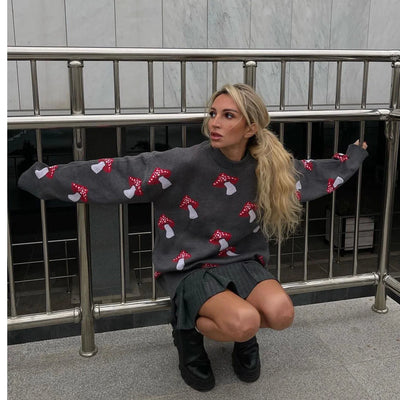 Oversized Loose Sweater With Mushroom