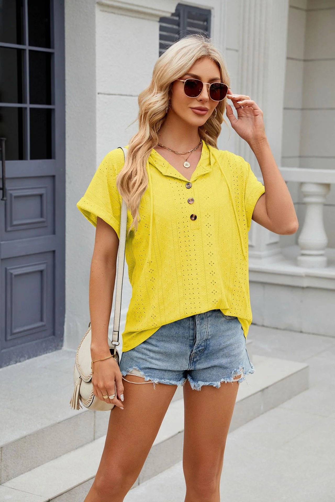 Loose Short Sleeve Button Down Blouse