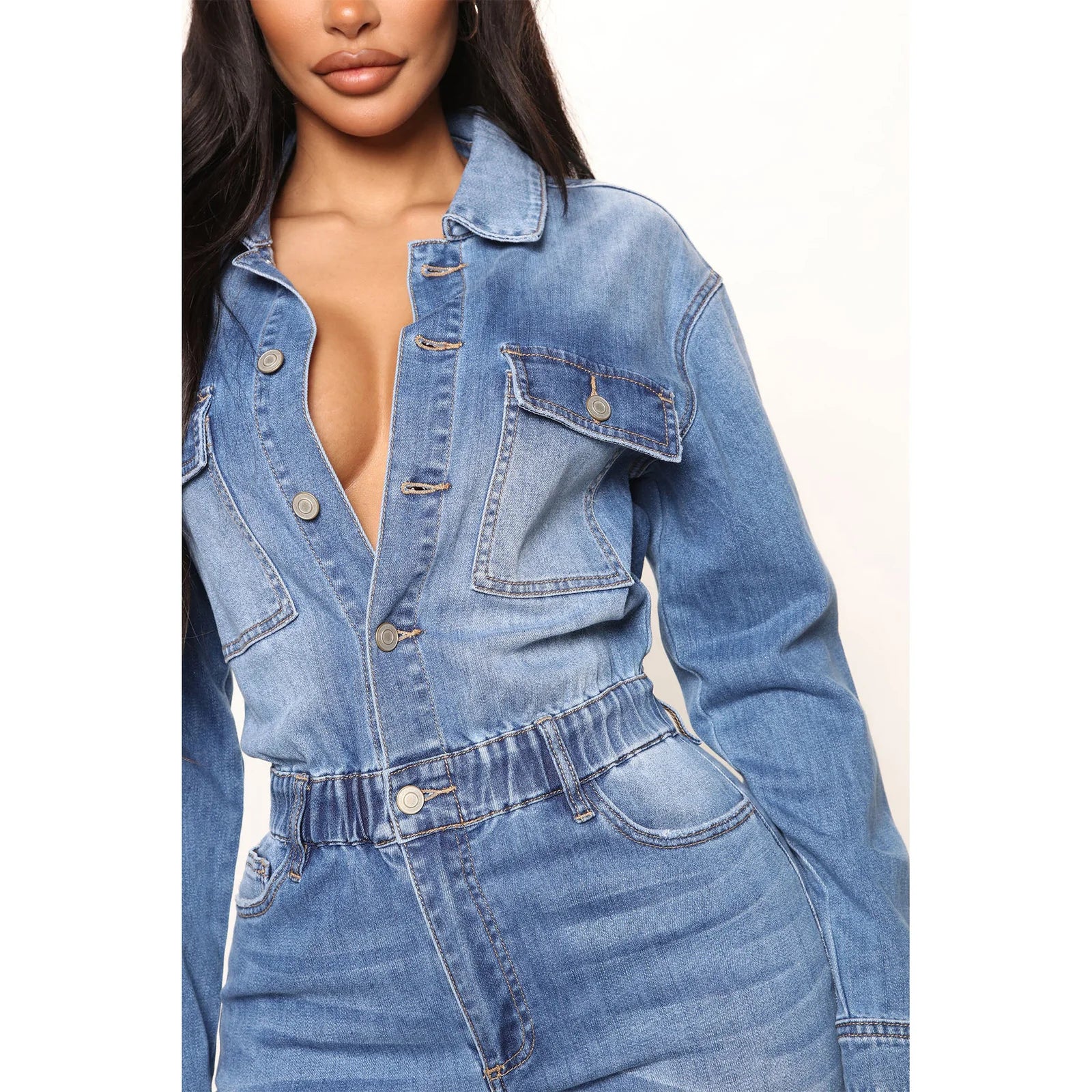 Slim Fit Stretch Small Foot Mouth Wash Denim Jumpsuit