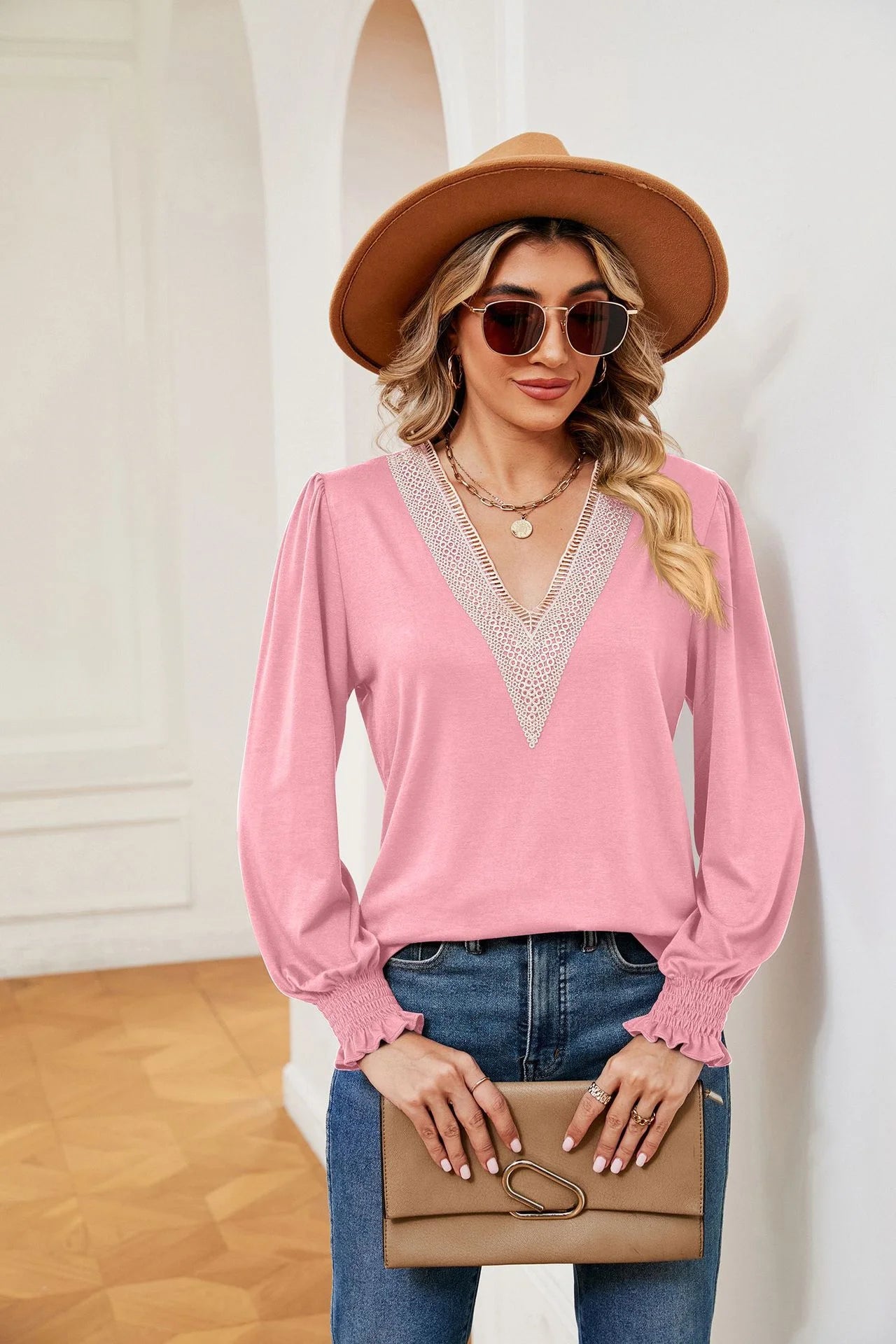 Lace Stitching Long Sleeve Loose Blouse