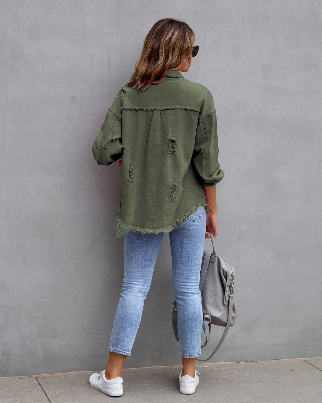 Long Sleeved Jeans Jacket With Holes In Solid Color