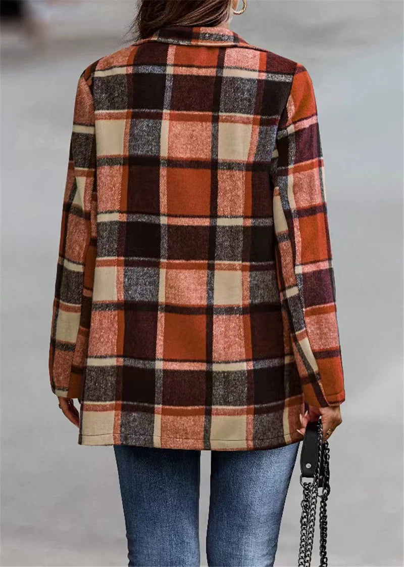 Loose Check Print On Long Sleeve Pocket Woolen Cardigan
