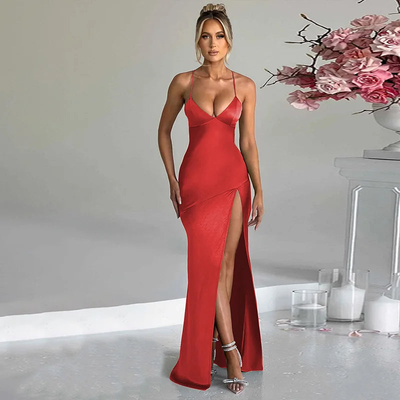 V Neck Backless Lace Up Slit Dress